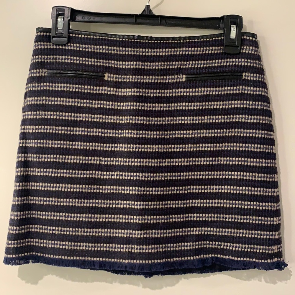 Club Monaco Navy Blue and Cream Weave Stripe Skirt with Fringe Trim